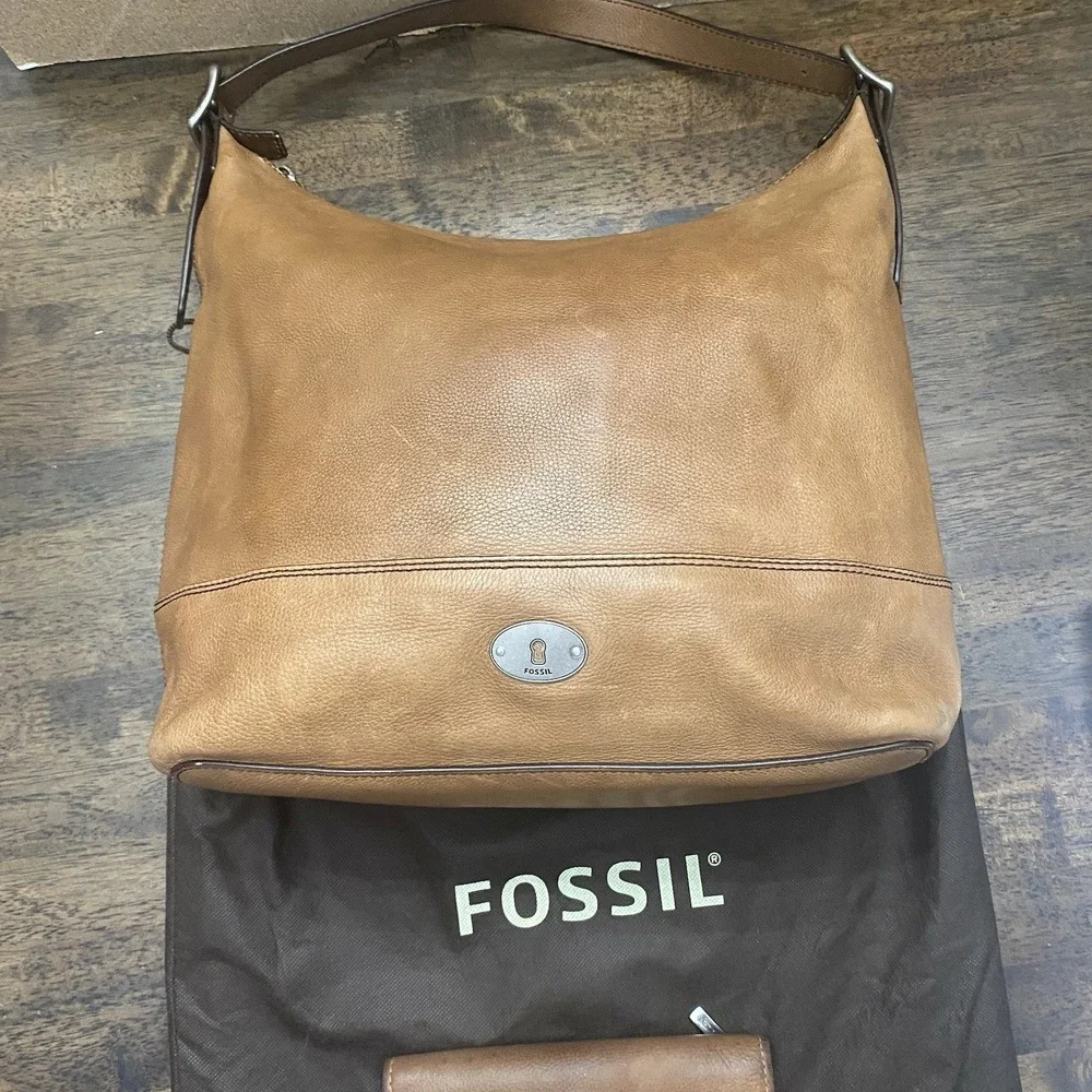 Fossil Brown Leather Hobo Shoulder Bag W Matching Wallet & Dust Bag